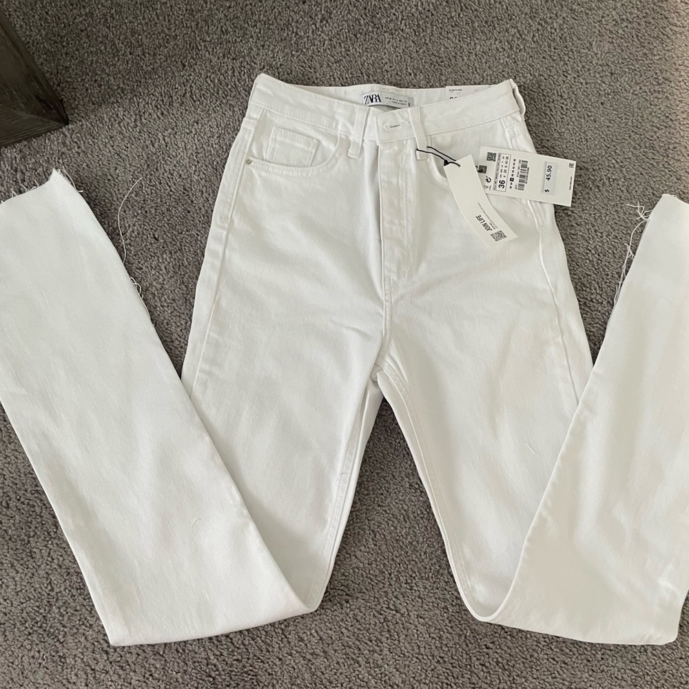 Zara high rise slim flare white jeans